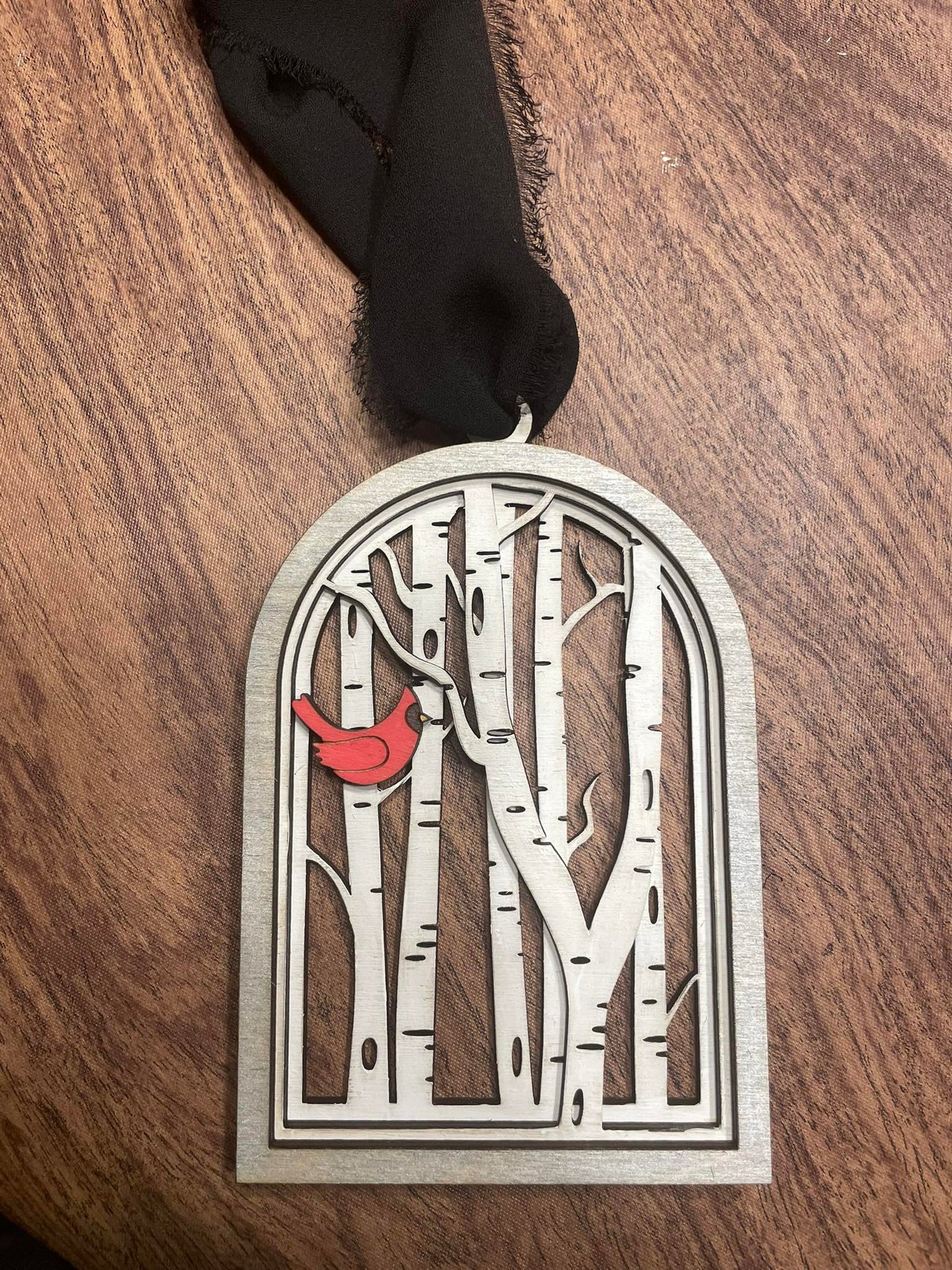 Cardinal Birch Trees in Window Frame Ornament