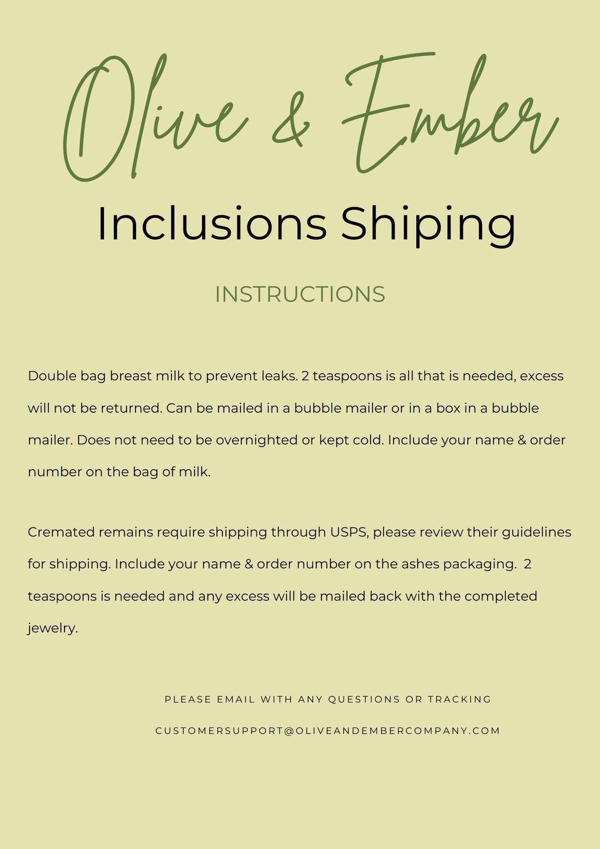 Instructions for Olive & Ember product inclusions shipping on a beige background