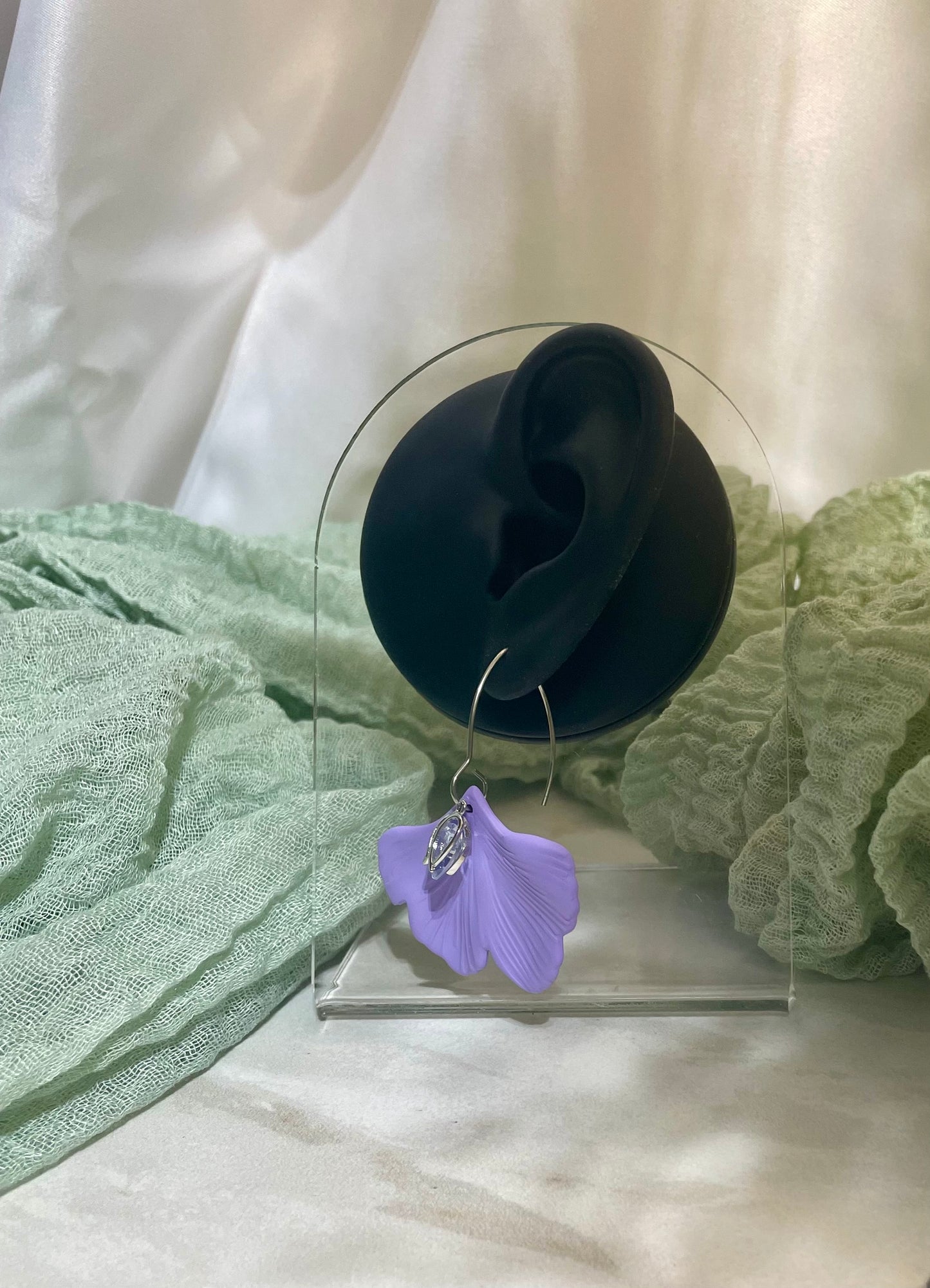 Purple Ginkgo Leaf with Cubic Zirconia Tulip on V Ear Wire #JusticeforSativa