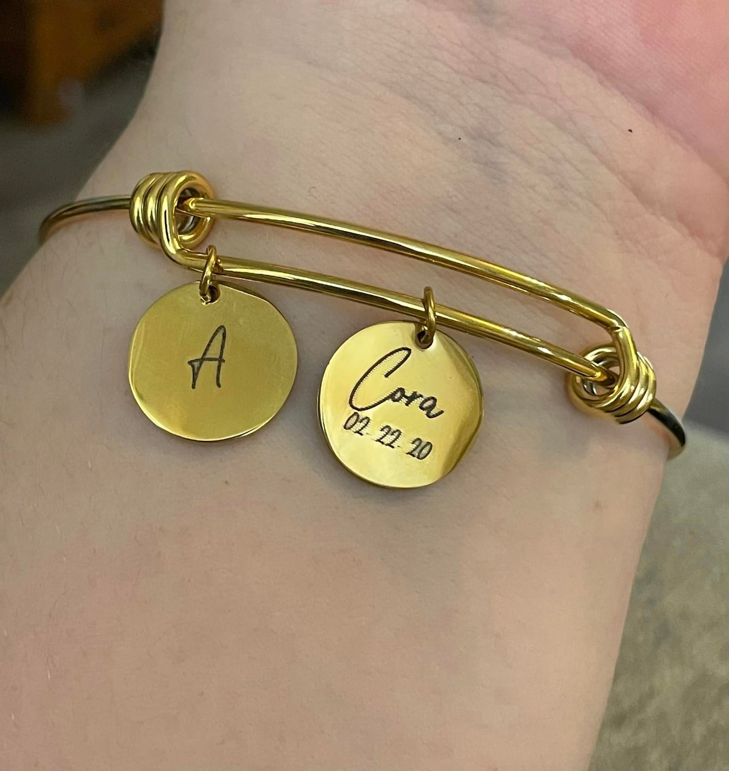 Bangle Bracelet with Engraved Charm