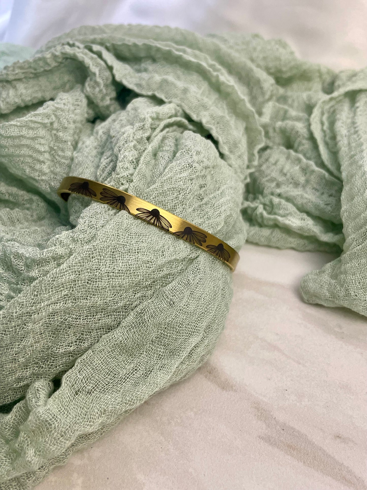 Gold Cuff Bracelet with Heart Cutouts Daisy Engraving