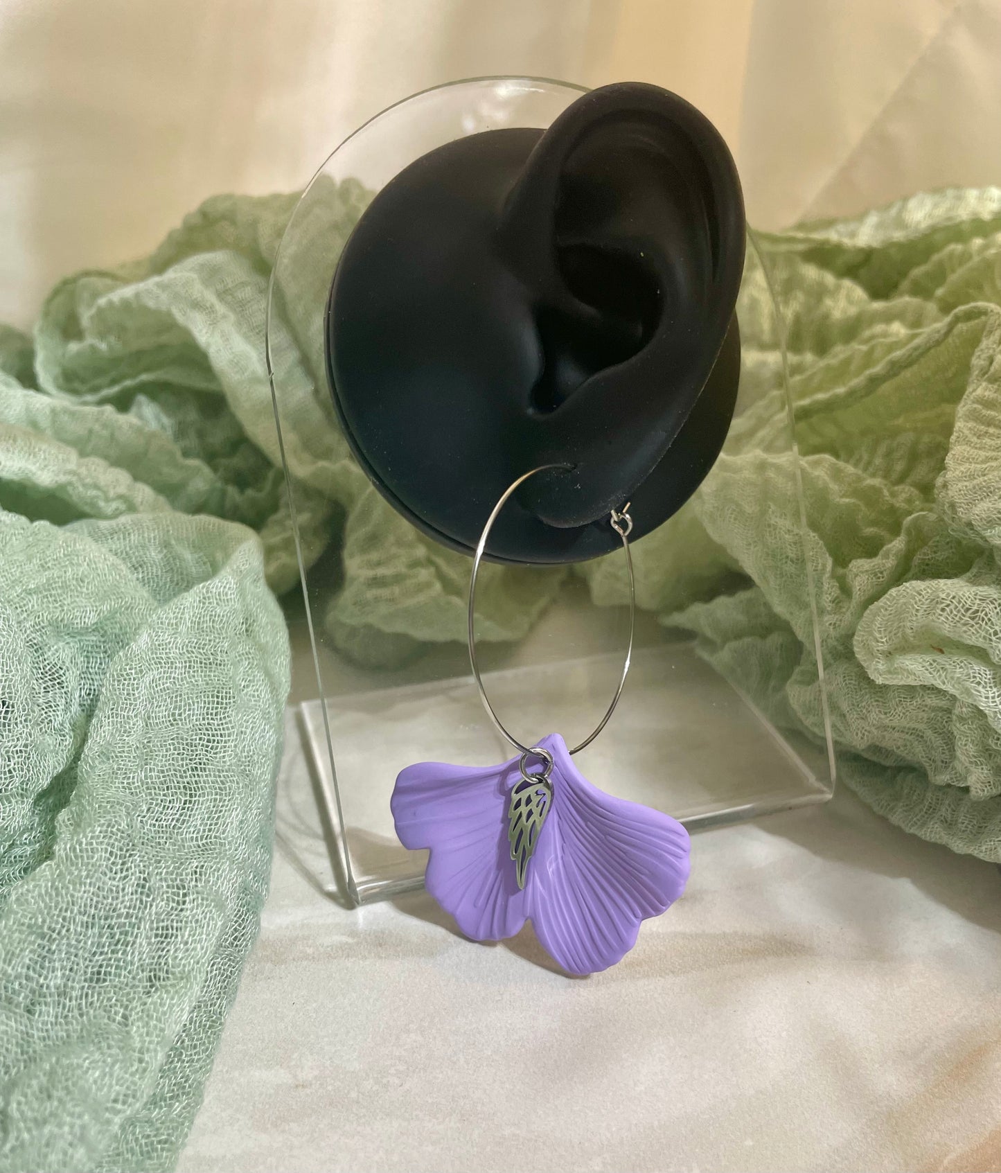 Purple Ginkgo Leaf with Angel Wing on Hoop Ear Wire #JusticeforSativa