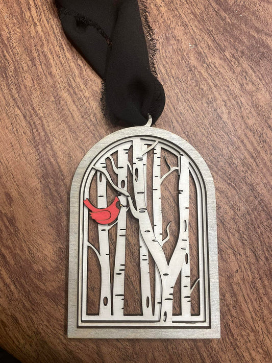 Cardinal Birch Trees in Window Frame Ornament