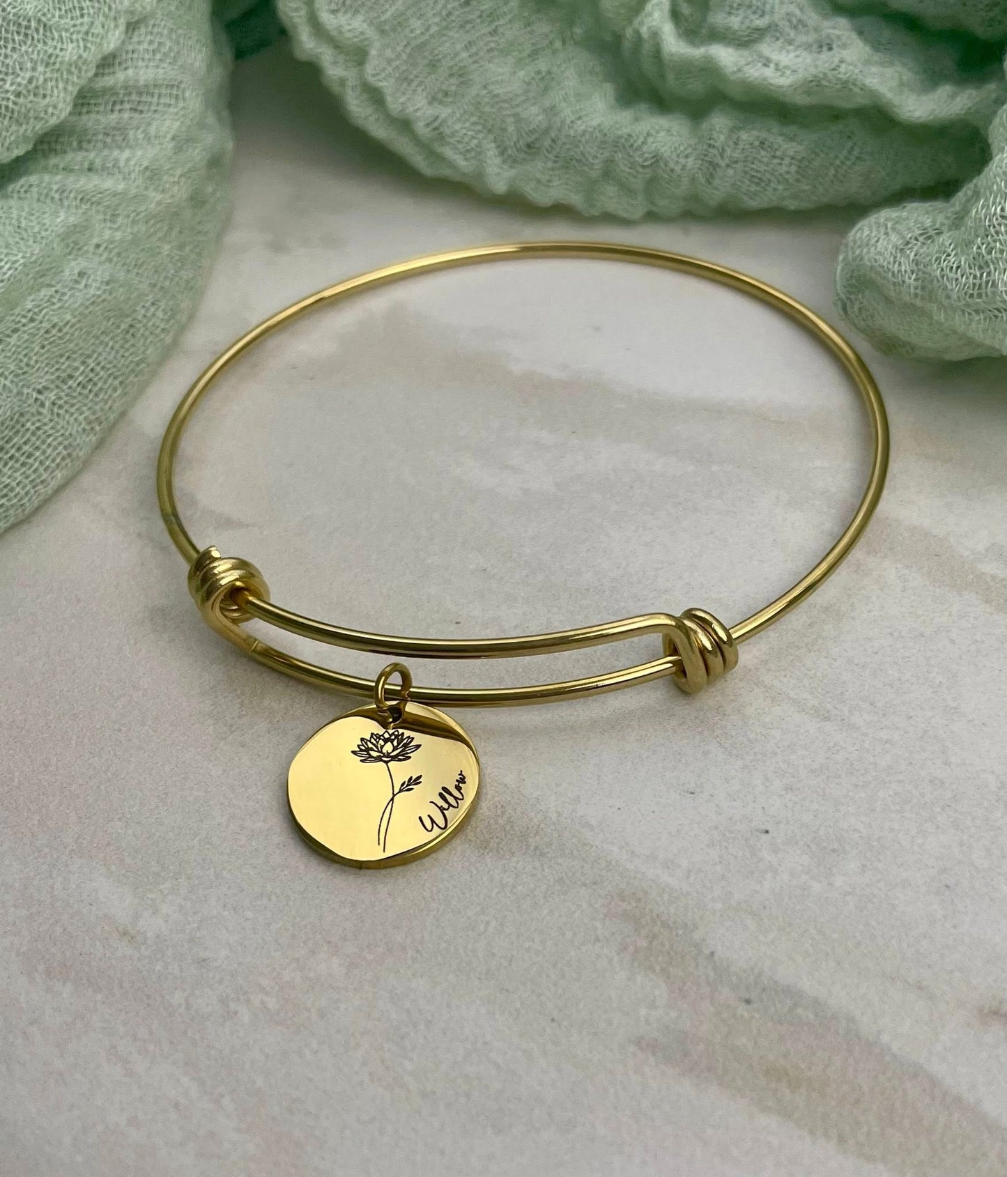 Mother's Day Bangle Bracelet Personalized Engraved Birth Flower with Name