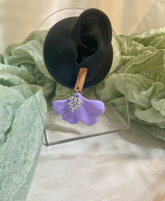 Purple Ginkgo Leaf with Feather Cubic Zirconia on Rectangle Walnut Stud #JusticeforSativa