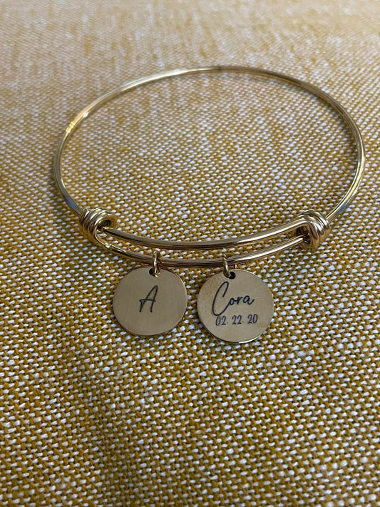 Bangle Bracelet with Engraved Charm