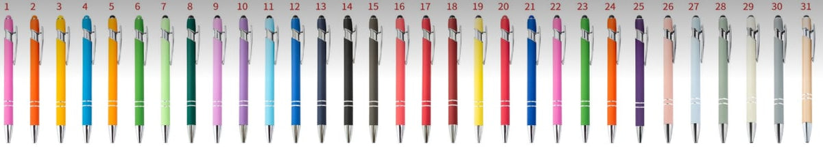 A row of 31 ballpoint pens arranged vertically, each in a different color, on a plain white background.