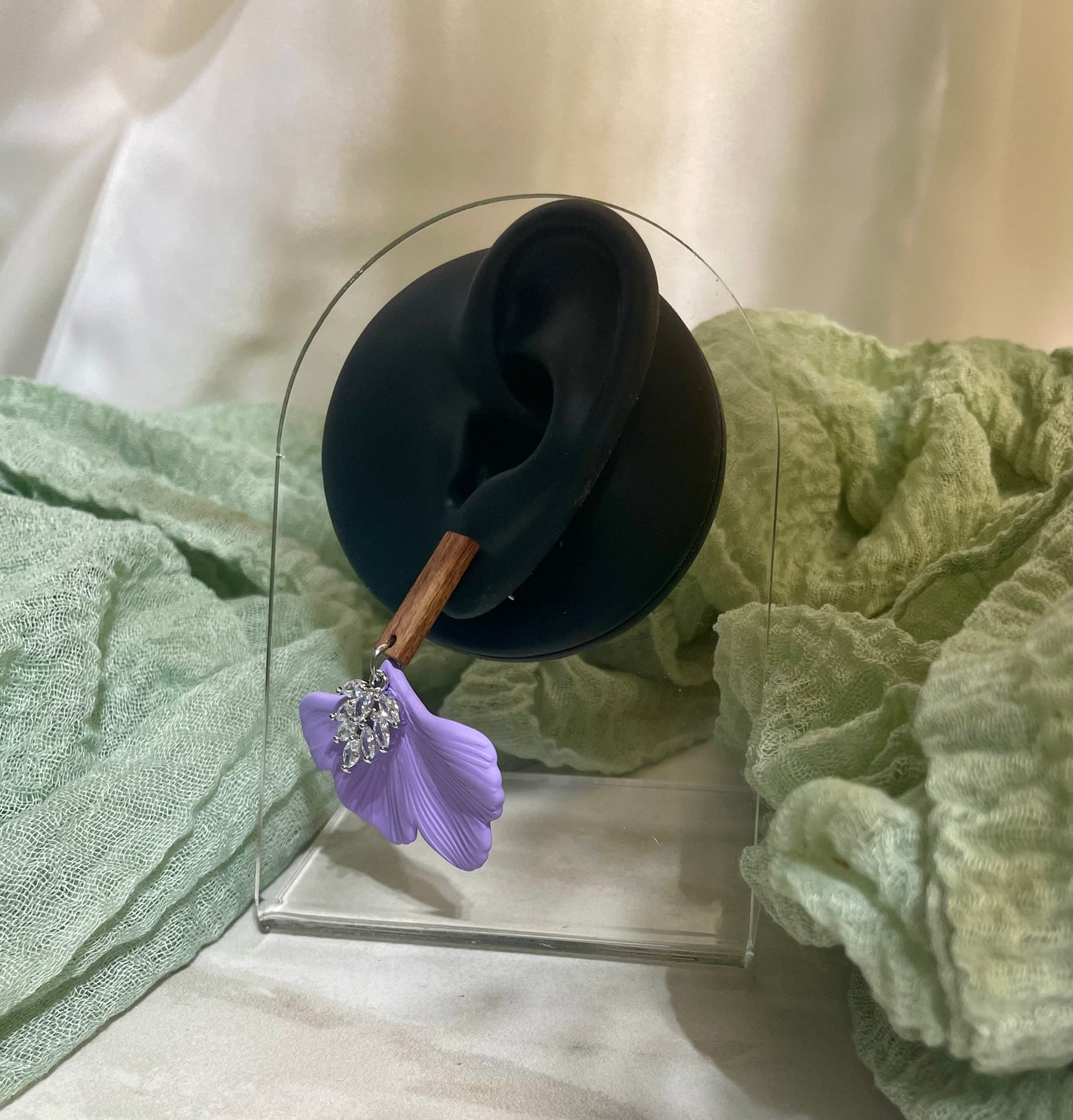 Purple Ginkgo Leaf with Feather Cubic Zirconia on Rectangle Walnut Stud #JusticeforSativa