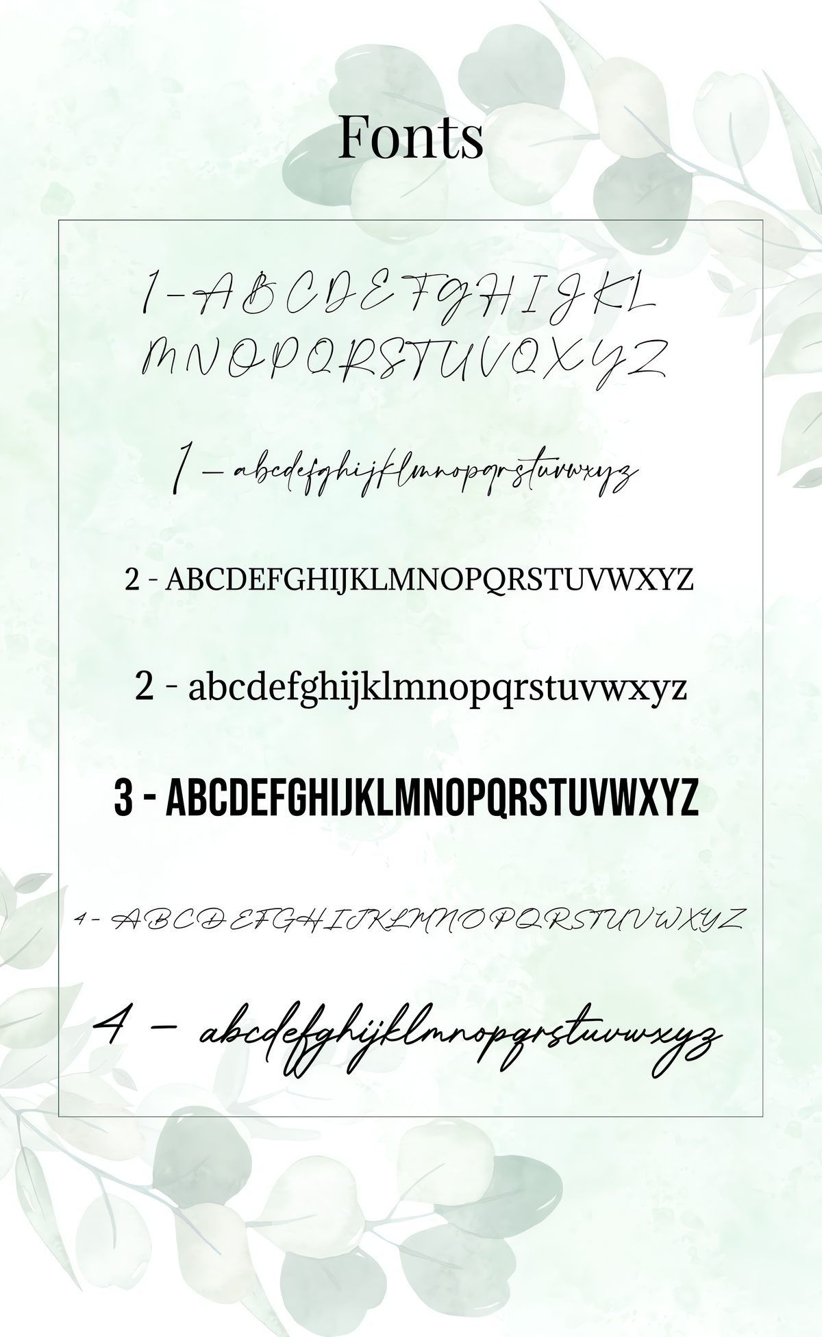 A digital preview graphic showcasing four font styles labeled 1 through 4 under the heading 'Fonts'. The image features a light green watercolor eucalyptus leaf pattern on a white background, with the text examples shown in both a serif typeface and various script/calligraphy styles.